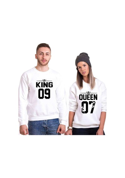 Tshirthane King 09 Queen 07 Sevgili Kombinleri Unisex Sweatshirt Kırık Beyaz