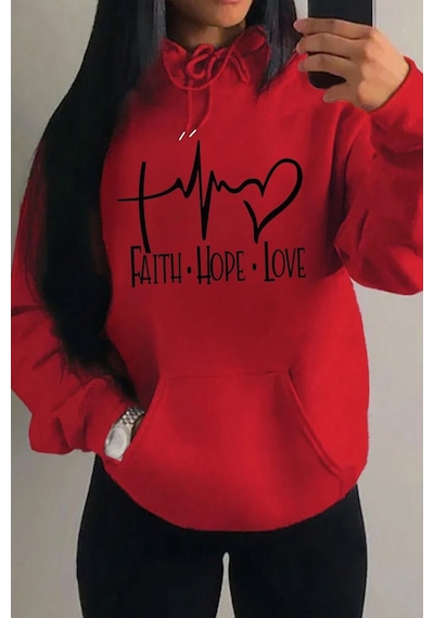 Uyguntarz Faith Hope Love Baskılı Oversize Sweatshirt Kırmızı