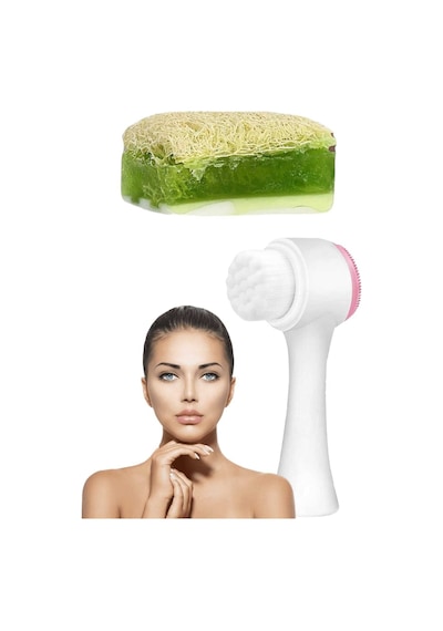 2'li Cilt Bakım Kabak Lifli Keçi Sütü Aloe Vera Sabun Çift Taraflı Yüz Temizleme Fırçası