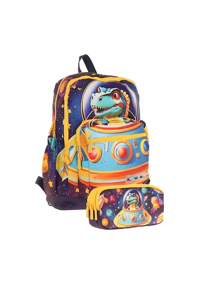 Kaukko Kids Layer Erkek Çocuk Okul Çantası + Kalem Çantası Seti Mavi Sarı - Astronot Dinazor Mavi - Sarı