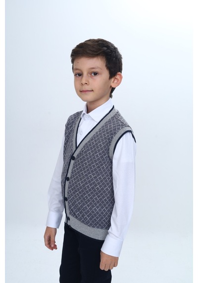 Toontoy Kids Toontoy Erkek Çocuk V Yaka Düğmeli Triko Yelek - Diagonal Desenli Antrasit
