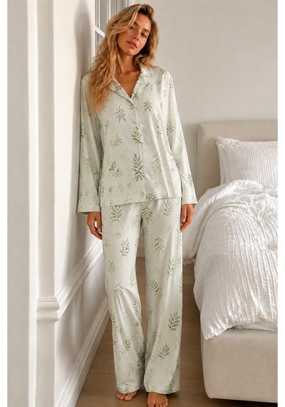 Kadın Bürümcük Tam Boy Çağla Yeşili Pijama Takımı