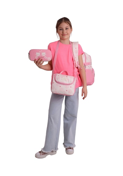 Calacilo Kedi Baskılı Pembe Kız Çocuk Üçlü İlkokul Okul Çantası Seti - Setcc-c4038a Pembe - Krem