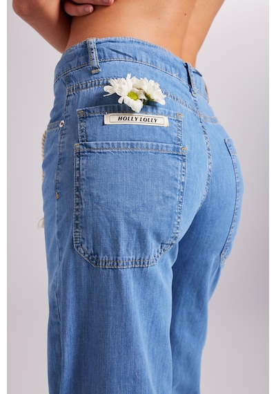 Holly Lolly Beli Bağlamalı Orta Düşük Bel Yumuşak Dokulu Lose Jean Pantolon Mavi