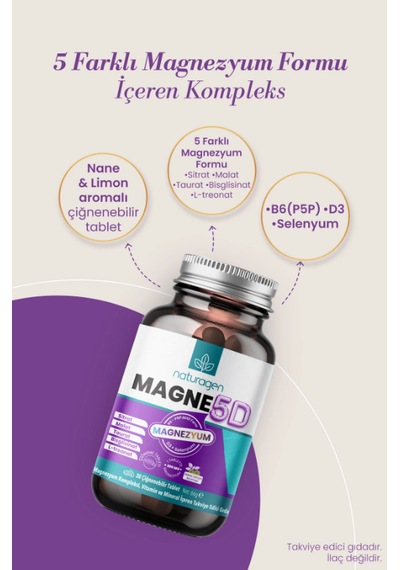Naturagen Magne5d Magnezyum Kompleksi 200mg 2x30 Çiğnenebilir Tablet Nane & Limon Aromalı