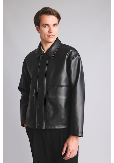 Defacto Regular Fit Polo Yaka Çıtçıtlı Cepli Suni Deri Mont H2826ax26aubk27 Siyah-bk27