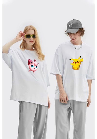 Unisex Kadın Erkek Pikachu Jigglypuff Baskılı Sevgili Çift Kombini Tasarım Oversize T-shirt 2'li Set Beyaz Mck1965 Beyaz