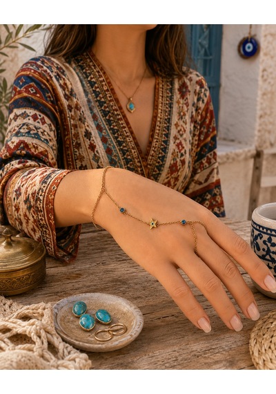 Celestia Nazar Hand Chain Bracelet Yıldız Ve Nazar Boncuğu Motifli Şahmeran Bileklik Çok Renkli