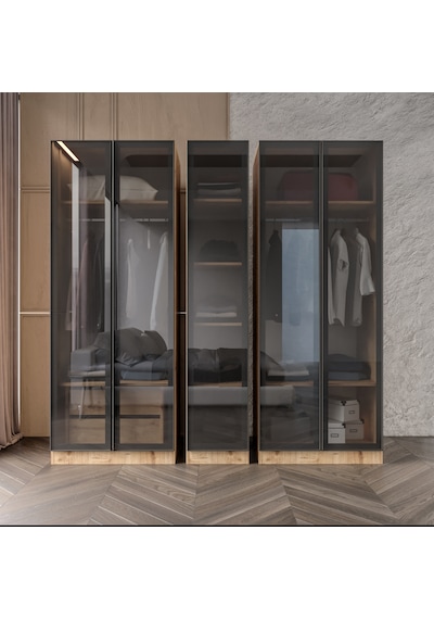 Yıldız Füme Camlı Alimünyum Kapaklı 2 Çekmeceli Giyinme Dolabı Led Askılıklı Tamamı Mdf Safir Meşe