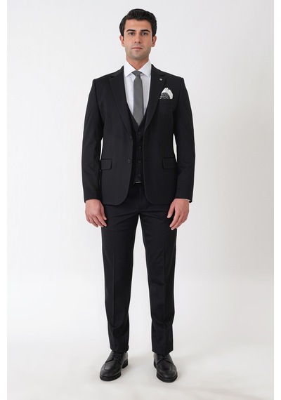 Efor Slim Fit Esnek Pamuklu Dokulu Siyah Yelekli Takım Elbise Tk 959