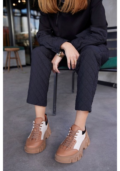 Barbara Taba Hakiki Deri Kalın Tabanlı Kadın Sneaker-Taba