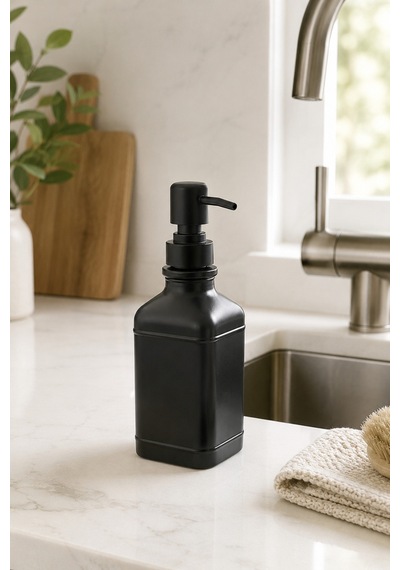 Aura Cam Sıvı Sabunluk 400 Ml Siyah Pompalı Modern Dekoratif Banyo Ve Mutfak Dispenseri - 19,5 Cm X 6 Cm X 6 Cm