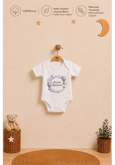 Pia Baby İsme Özel Erkek Bebek Kısa Kollu Alttan Çıtçıtlı Body Zıbın %100 Pamuk Organik Baskılı Bebek Body 1015ba0x Ekru