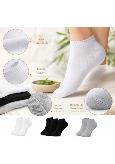 Elitse Kadın Bambu Patik Çorap 12 Li Paket, Siyah Beyaz Gri, Nefes Alan Nem Emici Yumuşak Günlük Spor Bilek Çorabı Çok Renkli 12'li