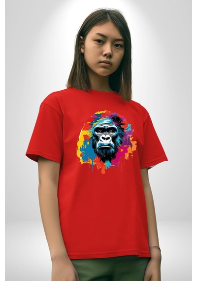 Renkli Maymun Goril Pamuklu Bisiklet Yaka Unisex Oversize Boyfriend Dijital Baskılı Kırmızı T-shirt Kırmızı