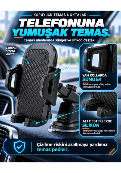 Dexxony Hp-a15 Vantuzlu Teleskopik Araç İçi Telefon Tutucu 360 Derece Döner Başlık Siyah