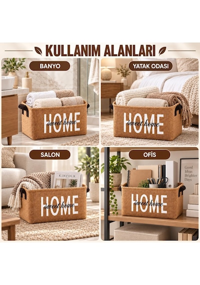 Harmony Home Sweet Home Doğal Jüt Düzenleyici Sepet Katlanabilir, Kulplu, Çok Amaçlı Saklama Kutusu 28 Diğer