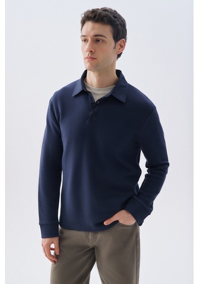 Mudo Erkek Erkek Lacivert Tekstürlü Polo Yaka Sweatshirt 1266196