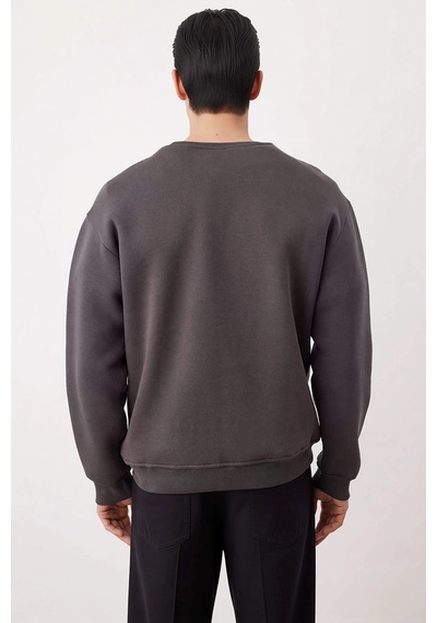 Benerly Erkek Bisiklet Yaka Düşük Kol Nakışlı Oversize Sweatshirt Pamuk Antrasit