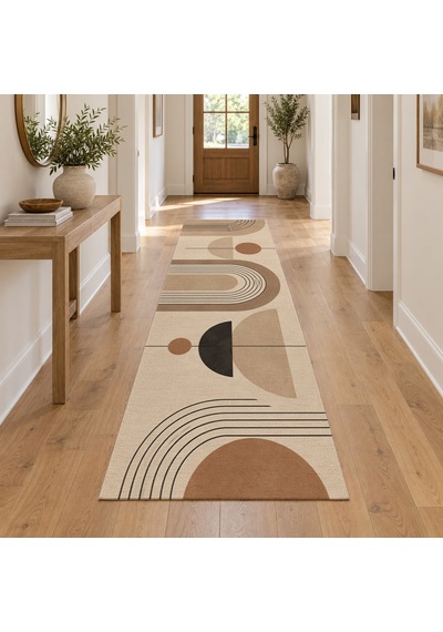 Kartela Halı Sakin Kemerler Krem Siyah Koridor Mutfak Yolluk Halısı Kaymaz Taban 80x240 Cm