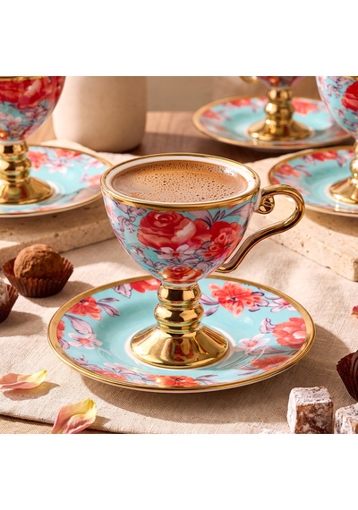 Aryıldız Laura 12 Parça 6 Kişilik Kahve Fincan Takımı Mavi 100 Ml Çok Renkli