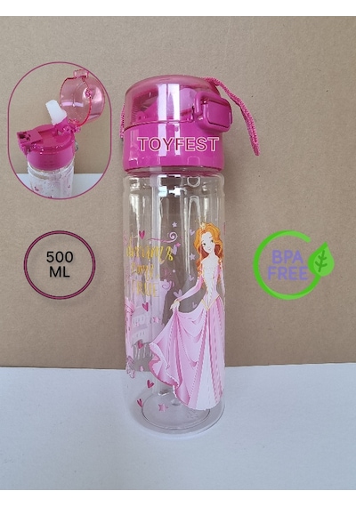 Pipetli Suluk Matara - Kilit Kapaklı Prenses Temalı - 500 Ml