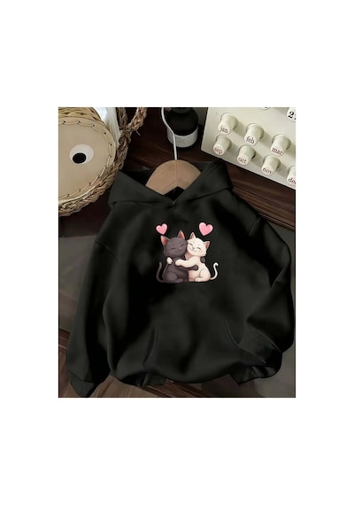Herkesemoda Kedi Baskı Detaylı İçi Polarlı Kapüşonlu Sweatshirt Siyah