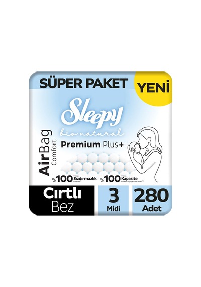 Sleepy Bio Natural Premium Plus Airbag Comfort Bebek Bezi 3 Beden Süper Paket 280 Adet 3 Numara