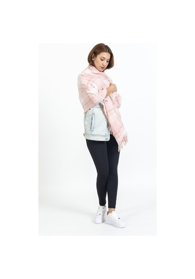 Ladycolor Ekoseli Yünlü Omuz Şalı - 70x200 Cm - Dayanıklı Akrilik Pembe