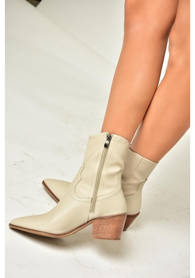 Fox Shoes T356654109 Bej Sivri Burunlu Kalın Topuklu Kadın Bot Bej-suni Deri Bej