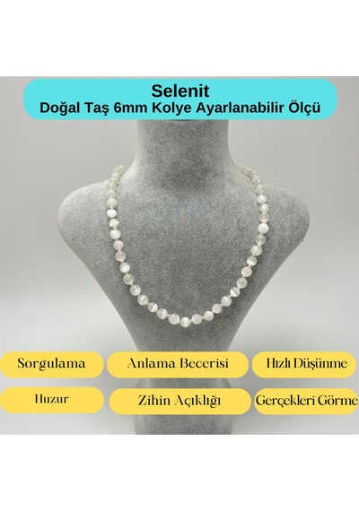 Yıldız Doğal Taş Selenit Doğal Taş 6 MM Makrome Kolye 45 CM - 55 CM Ayarlanabilir Beyaz