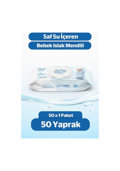 Giggles Pure Water Bebek Islak Havlusu %99 Saf Su Mendil 1 Paket 50 Adet Tekli
