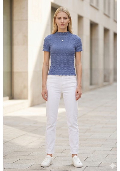 Kadın Mavi Büzgülü Dokulu Bluz Slim Fit Kısa Kol Yüksek Yaka Esnek Modern Şık Üst Bluz