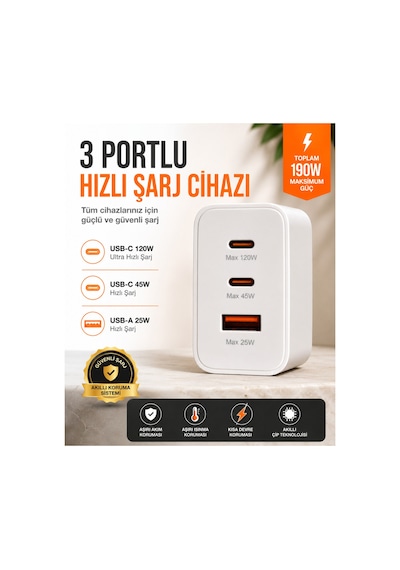 120w Hızlı Şarj Aleti 3 Portlu Usb-c 120w Usb-c 45w Usb-a 25w Pd Turbo Adaptör Apple iPhone Uyumlu Samsung
