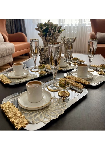 Atabey Home Collection 2'li Kahve & Çay & Sunum Dikdörtgen Büyük Sunum Tepsisi Çelik Gül Model Gold 30 Cm