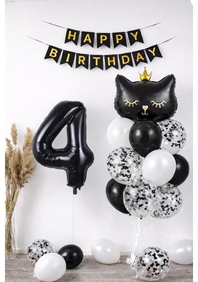 4 Yaş Kedi Temalı Doğum Günü Balon Seti Siyah Konsept Siyah