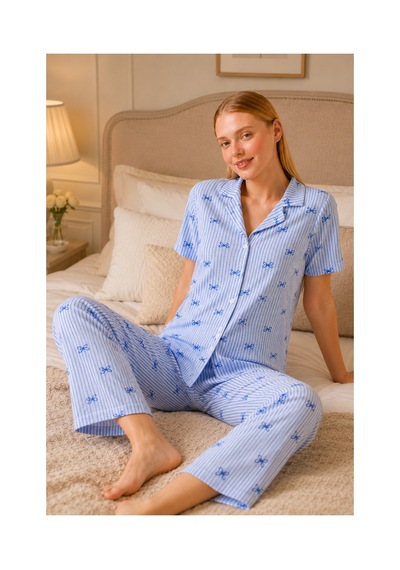 Fit Women Mavi Kurdele Desenli Çizgili Bürümcük Pijama Takımı 4645-mavi