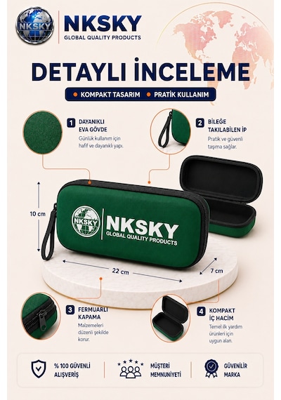 Nksky 36 Parça İlk Yardım Çantası, Yeşil Eva Çantalı İlk Yardım Seti, Bileğe Takılabilir Taşıma İpli Ecza Çantası