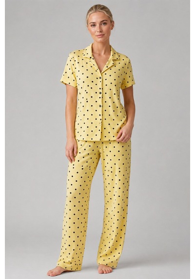 Sarı Puantiyeli Düğmeli Pijama Takımı 4642-sarı