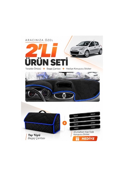 E-biz Renault Clıo 3 2005-2012 Uyumlu Torpido Örtüsü + Tay Tüyü Bagaj Çantası - Siyah-mavi - Re017
