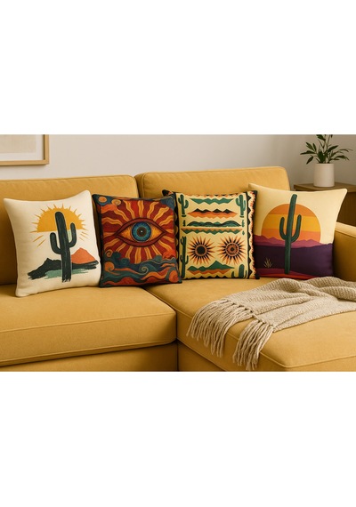 Turkıshrug Kıngdom Gün Batımı & Kaktüs Desenli 4 Lü Çift Taraflı 43x43 Cm Baskı Kırlent Kılıfı Seti 43 X 43 Çok Renkli
