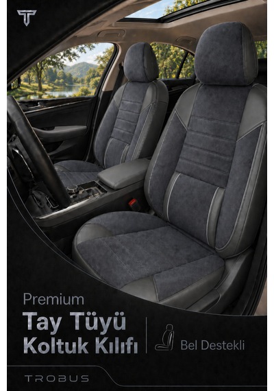 Ford Kuga 2008-2012 Uyumlu Nova Serisi Tay Tüyü Bel Destekli Füme Siyah Premium Koltuk Kılıfı
