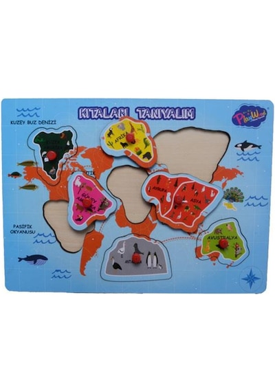 Kıtaları Tanıyalım +1 Yaş Ahşap Tutmalı Puzzle