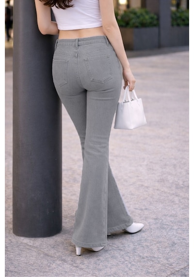 Cedy Denım Yüksek Kalite Kadın 5 Cep Düşük Bel İspanyol Paça Skinnyfit Esnek Jean Pantolon C619 Taş Rengi