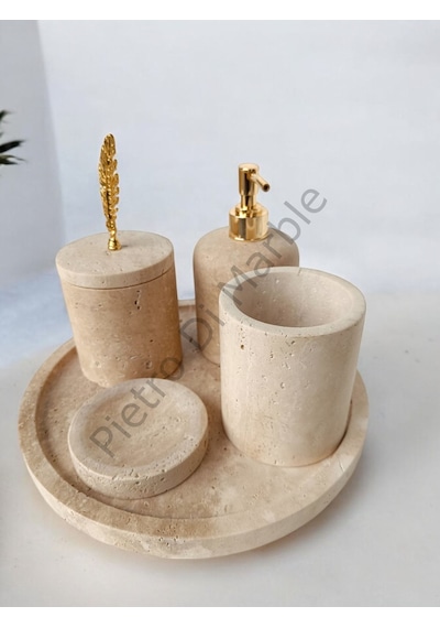 Sarı Traverten Klasik Model 5 Parça Gold Renk Kuş Tüyü Aksesuarlı Banyo Seti Sarı Traverten