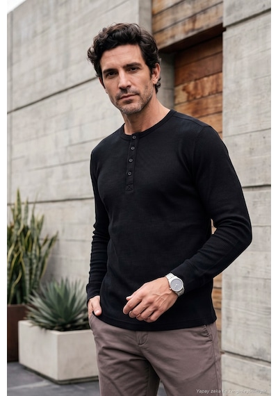 Buratti Pamuklu Regular Fit Düğmeli Bisiklet Yaka Sweat Erkek Sweat 5905852 Siyah