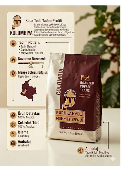 Kurukahveci Mehmet Efendi Colombia Kavrulmuş Çekirdek Kahve 250 Gr
