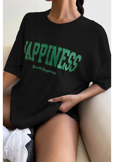 Startmore Kadın Oversize Hapiness Baskılı Siyah Siyah