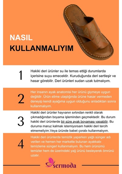 Sermoda Hakiki Deri Kadın Terlik - Yumuşak Kalın Tabanlı Kelebek İşleme Hakiki Deri Kadın Terlik Taba