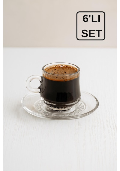 12 Parça 6 Kişilik Cam Kahve Fincan Seti , Modern Hediyelik Fincan Takımı Motifli Şeffaf